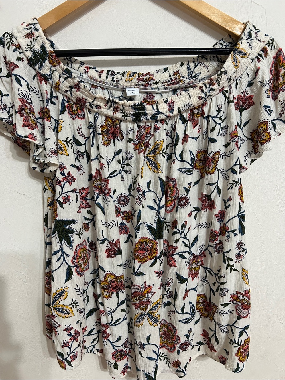 Old Navy Cream Floral Off-Shoulder Tunic with Multicolor Blooms L